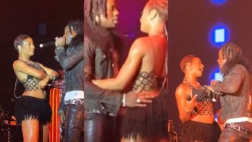 On-stage affection between Rema and Ayra Starr as they share intense gaze and heartfelt hug