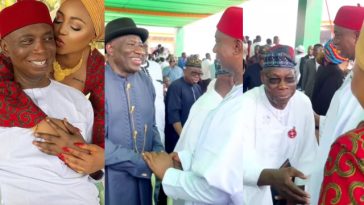 Moment Obasanjo and Jonathan stand to welcome Regina Daniels and husband at Ghana’s new President’s inauguration