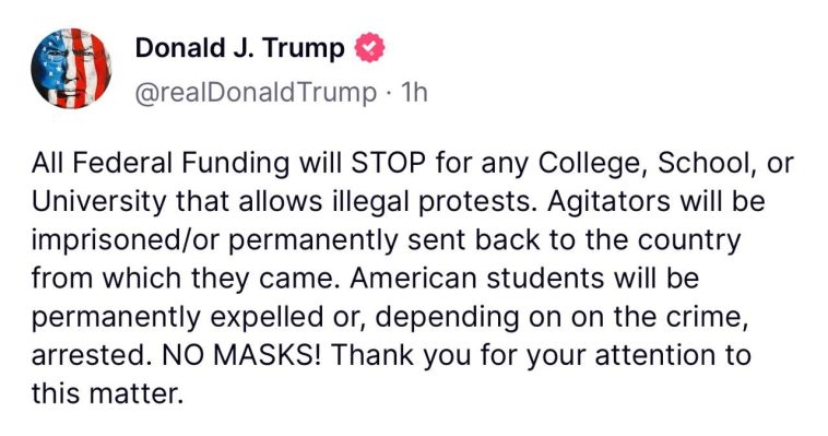 Trump threatens to cut U.S. federal funding for schools allowing âillegal protestsâ