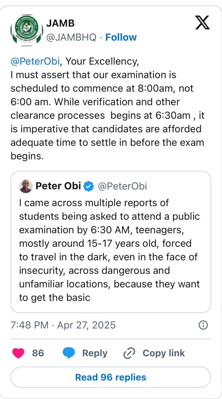 2025 UTME: No exams held at 6 am â JAMB responds to Peter Obiâs criticism