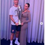 Cristiano Ronaldoâs partner, Georgina Rodrigue poses with his Euro league trophy