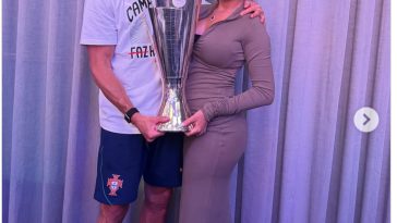 Cristiano Ronaldoâs partner, Georgina Rodrigue poses with his Euro league trophy