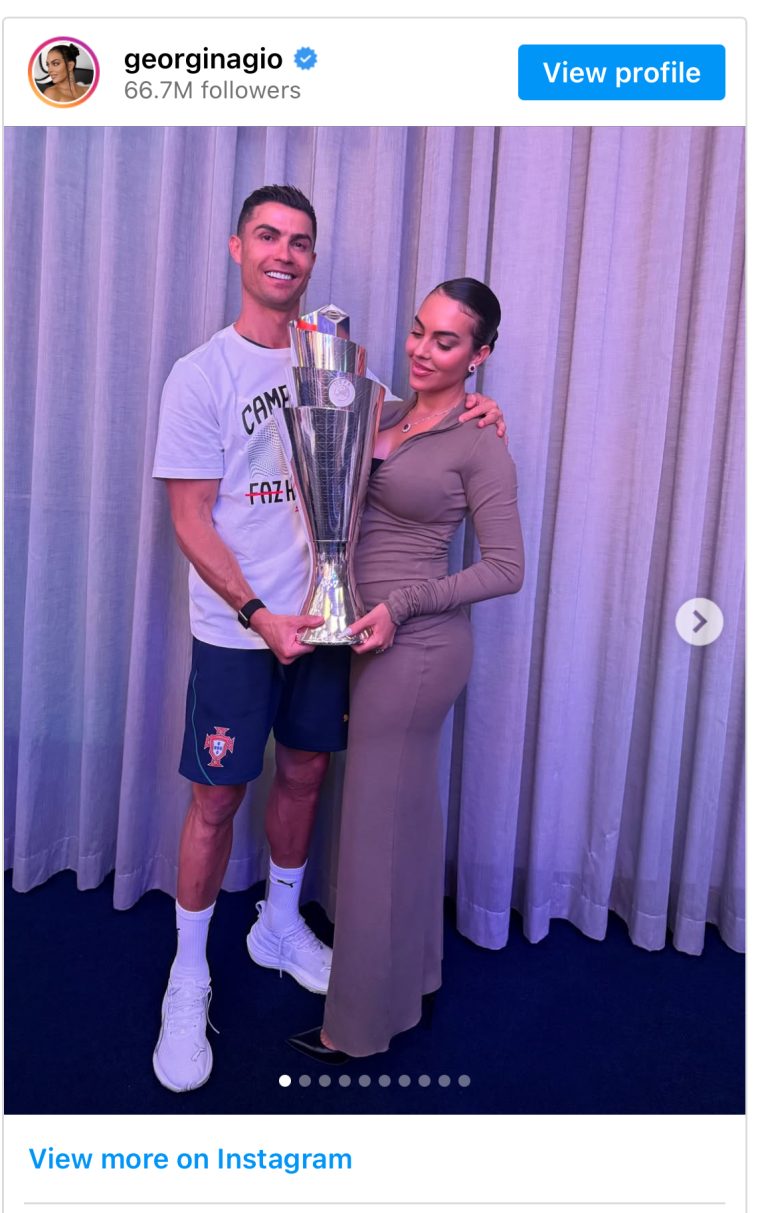 Cristiano Ronaldoâs partner, Georgina Rodrigue poses with his Euro league trophy