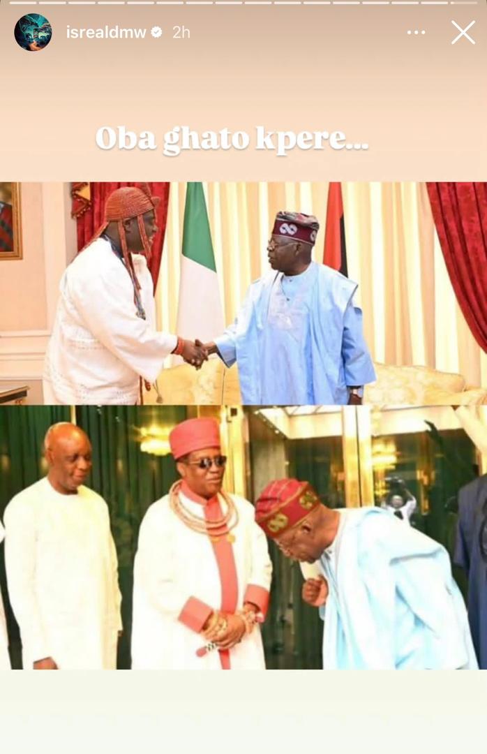 Davidoâs aide, Israel DMW compares President Tinubuâs posture while with the Ooni of Ife to when he was with Oba of Benin