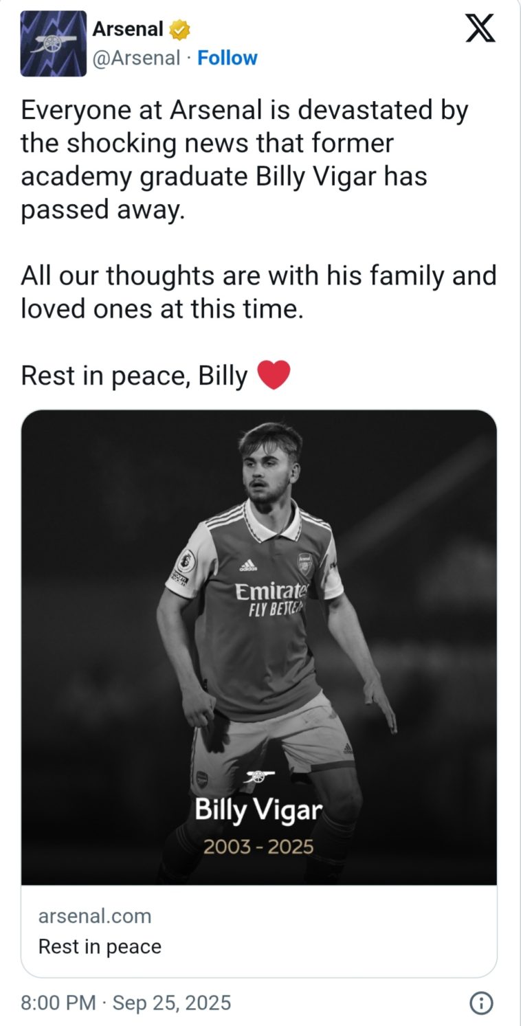 Former Arsenal player, Billy Vigar di£s aged 21 after injury during game