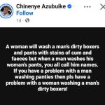 Nigerian lady addresses those who insult men for washing their women’s pants