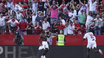 Akor Adams reacts to Sevilla’s thumping victory over Barcelona