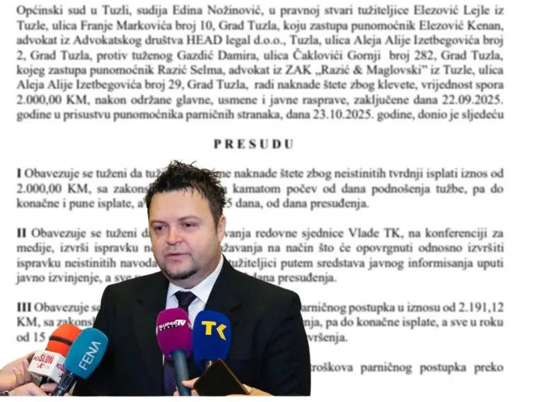 JOŠ JEDAN AUTOGOL U VLADI TK: Ministar Gazdić presuđen za klevetu bivše pomoćnice Elezović