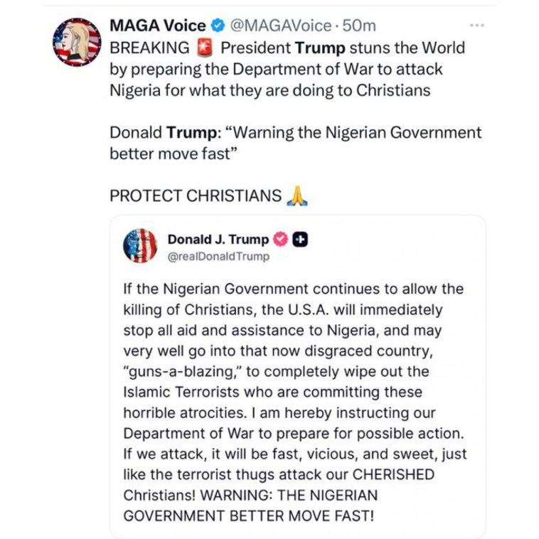 US President Donald Trump threatens military action should k!lling of Christians continue in Nigeria