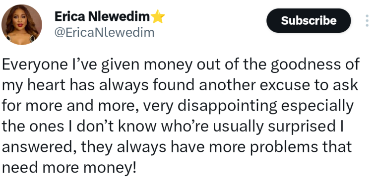 Ex-BBN star Erica Nlewedim laments how people keep asking for more money after she helps them