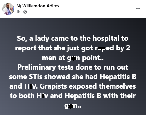 Nigerian doctor reveals that two men may have contracted HIV and Hepatitis B from a lady they r@ped at g#npoint