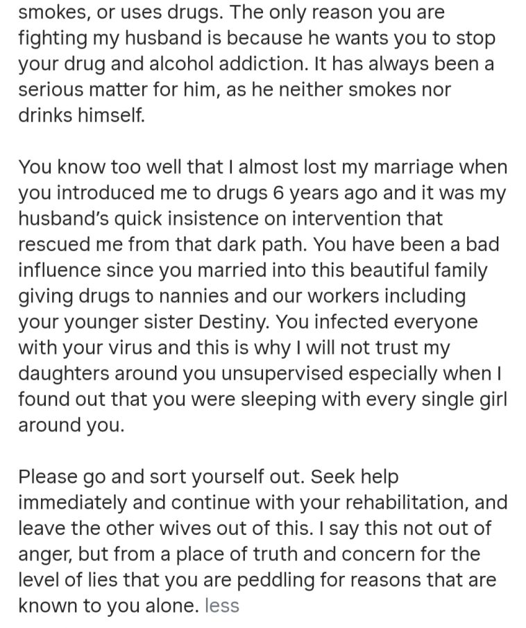 "The only reason you are fighting my husband is because he wants you to stop your drug addiction"