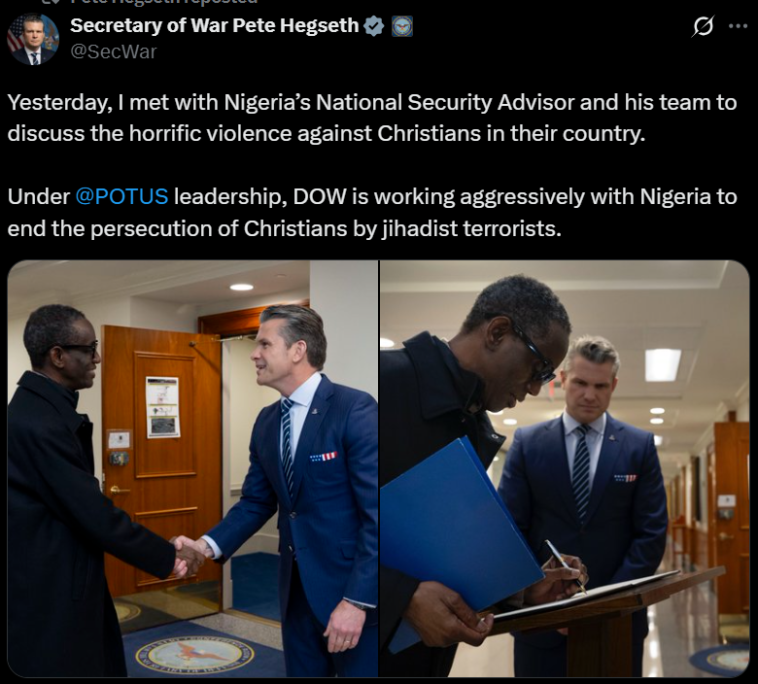 US Defence Secretary Pete Hegseth meets Nigeriaâs National Security Advisor Nuhu Ribadu over k!lling of Christians